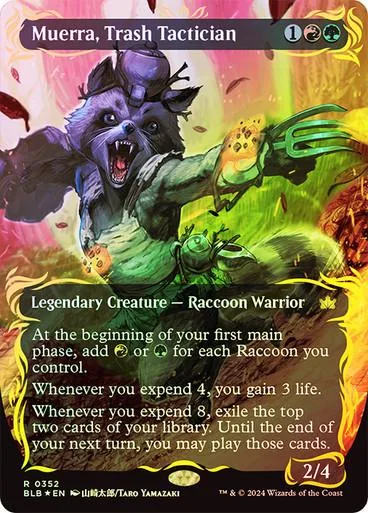 Purple raccoon warrior creature card with green and yellow fiery background.