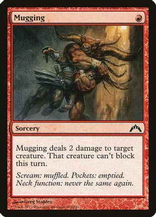 Dark fantasy creature attacks, red and brown tones, Magic: The Gathering card.