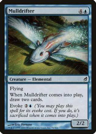 Silver fish creature swimming through green water on a Magic card.