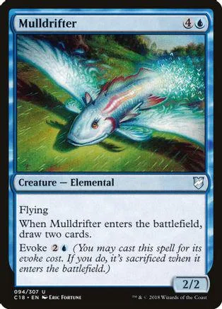 Blue and white elemental creature card, Muldrifter, flying, on green landscape.
