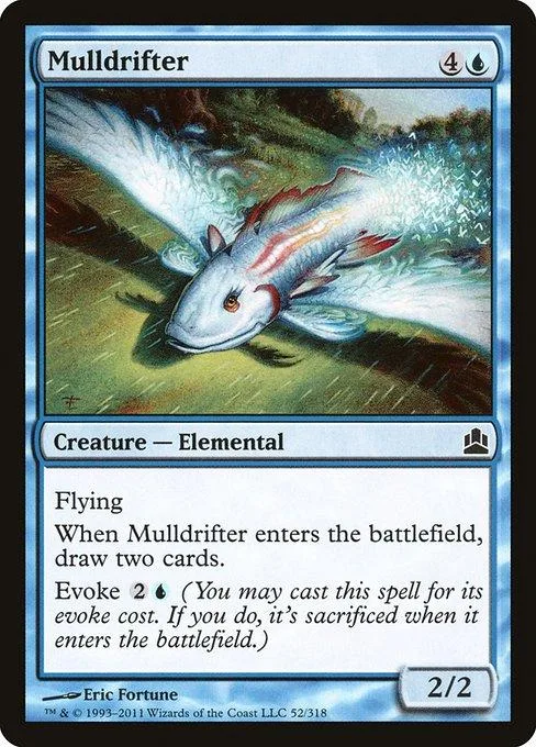 White and blue elemental creature card depicting a fish swimming through water.