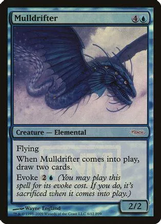 Blue dragon creature card art, showing a dark, winged beast in flight.