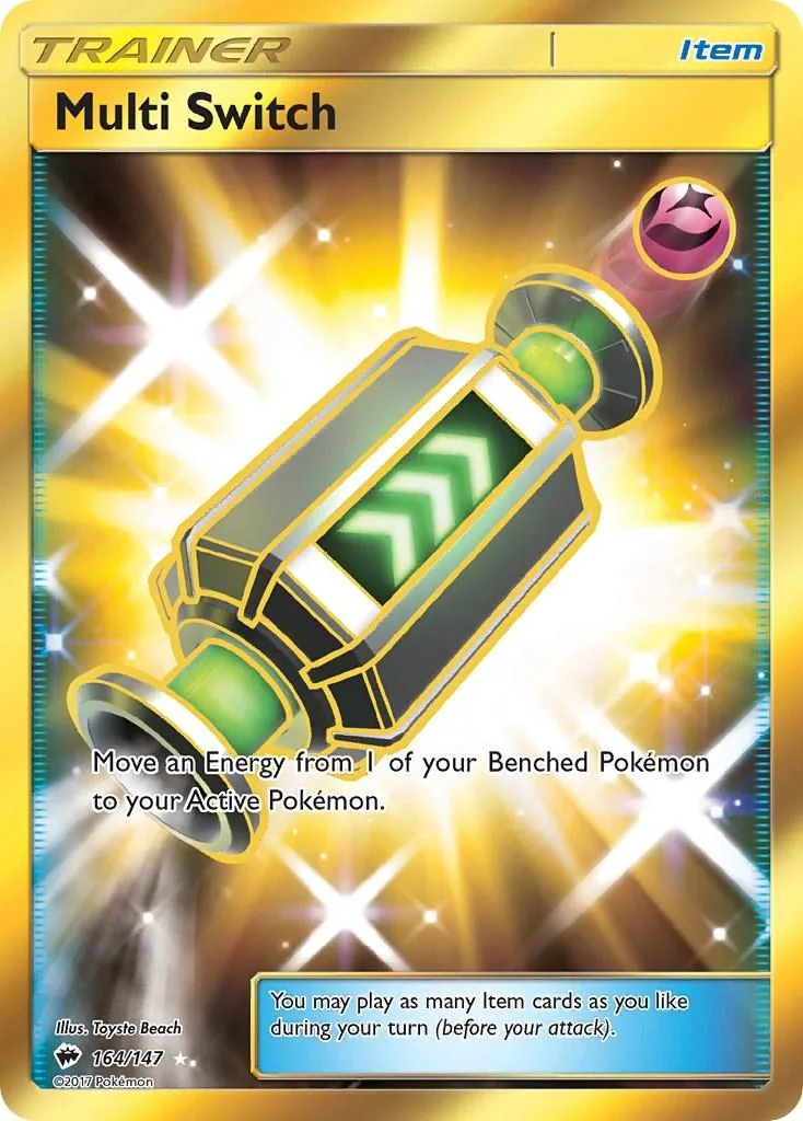 Trainer Multi Switch card featuring a glowing green and gold energy device.