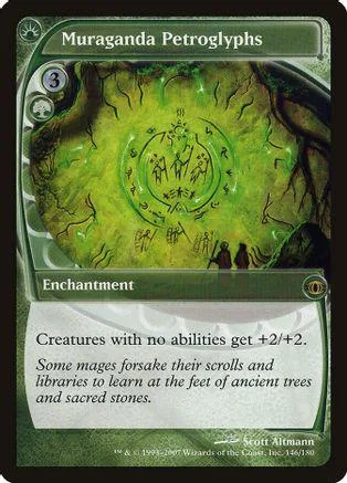 Green enchantment card featuring ancient trees and sacred stones in a circular pattern.