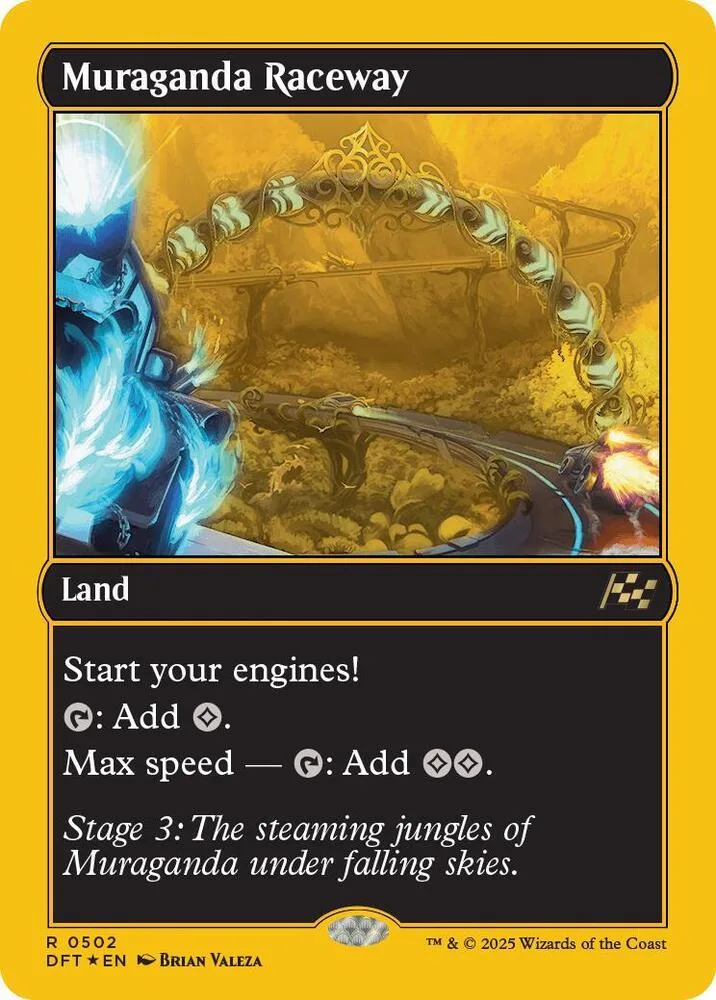 Orange and yellow Magic: The Gathering land card, "Muraganda Raceway.