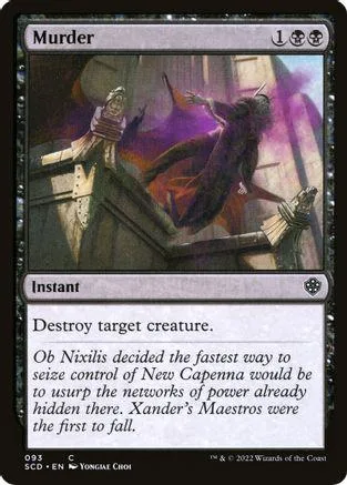 Magic: The Gathering card, "Murder," dark fantasy scene, black and purple tones.