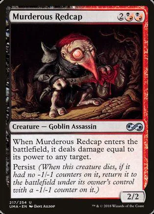 Goblin assassin creature card, red and black, depicting a menacing, hooded figure.