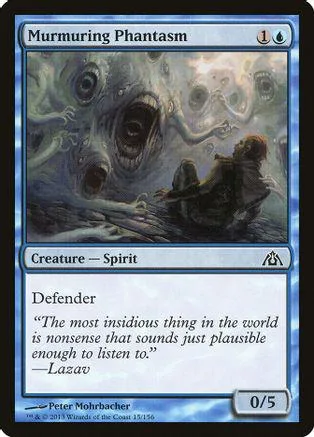 Blue and grey fantasy creature card art with a dark, shadowy figure.