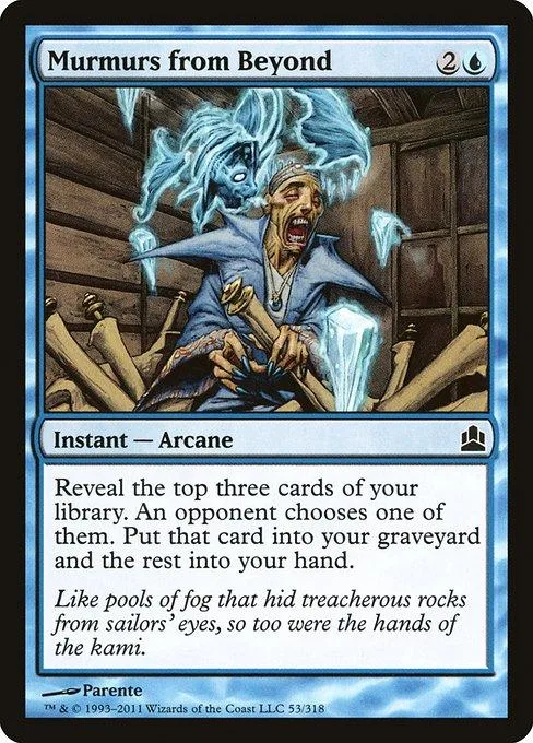 Blue and white card art shows two figures in a dark, wooden setting.