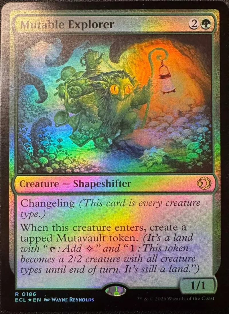 Green creature card, "Mutable Explorer," showing a mossy, monstrous figure in a vibrant landscape.
