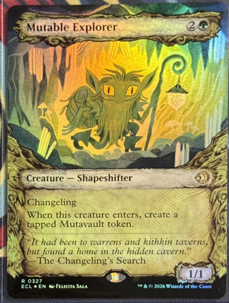 Greenish-yellow creature card art featuring a monstrous, furry, yellow-eyed shapeshifter.