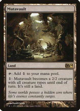 Dark fantasy art on a Magic: The Gathering land card, Mutavault.