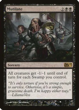 Dark fantasy art card showing armored figures in a swampy, dark setting.
