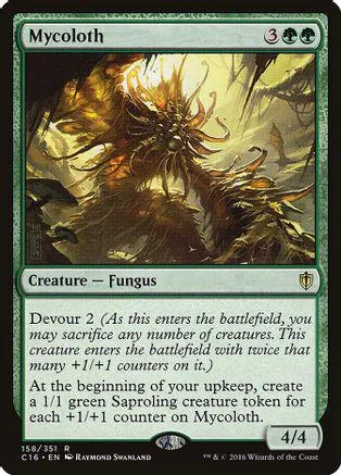 Dark, hairy fungus creature card with green and brown tones.