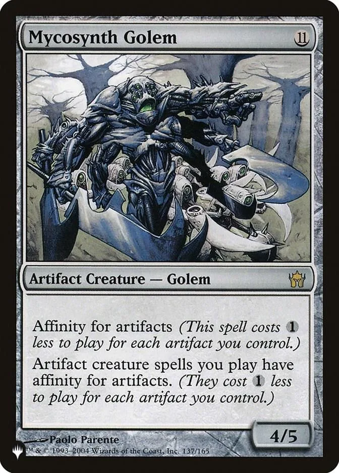 Dark, mechanical golem creature art on a Magic: The Gathering card.