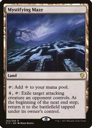 Blue and black landscape card art for "Mystifying Maze" land.