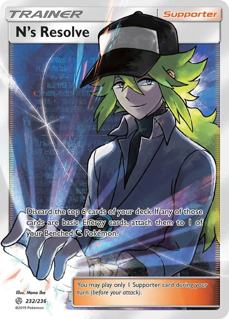 Trainer card featuring a character in a hat and dark coat, N's Resolve.
