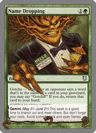 Orange, hairy creature in suit on card titled "Name Dropping.