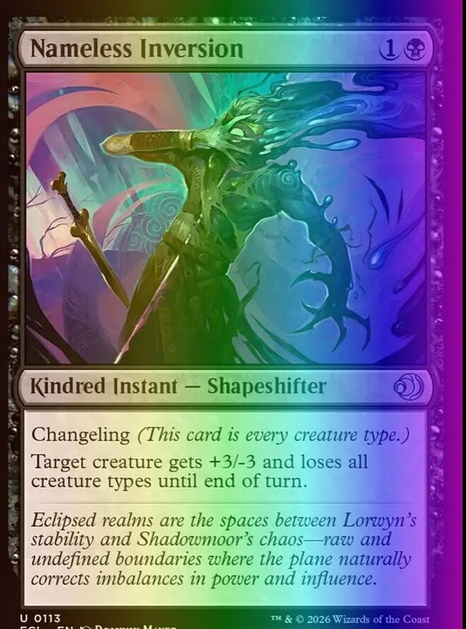 Green, blue, and purple art card: Nameless Inversion, Kindred Instant - Shapeshifter.