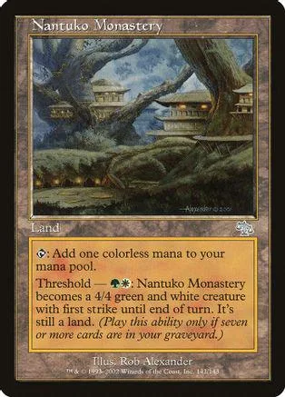 Fantasy landscape art card showing a monastery under large trees.