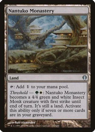 Fantasy landscape card showing a monastery nestled among large trees.