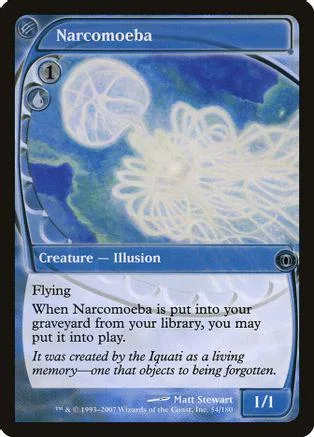 Blue and white Magic: The Gathering card, Narcomoeba, creature with flying ability.