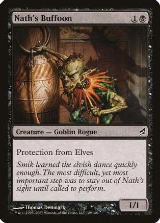 Goblin rogue creature card art, green and brown tones, showing a grotesque figure.