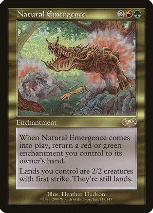 Terrifying dinosaur creature on a green and brown landscape card.
