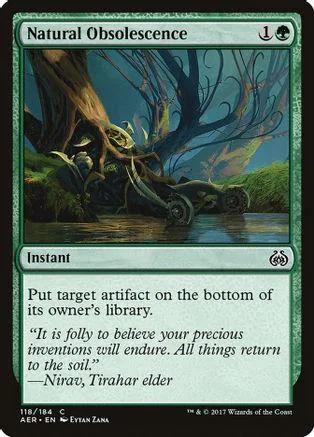 Green and blue Magic: The Gathering card, Natural Obsolescence, showing a tree in water.