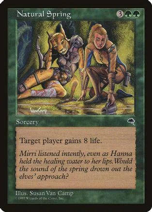 Two figures in nature, one reclining, one seated, on a green card.