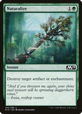 Green and black Magic: The Gathering card, Naturalize, with tree art.