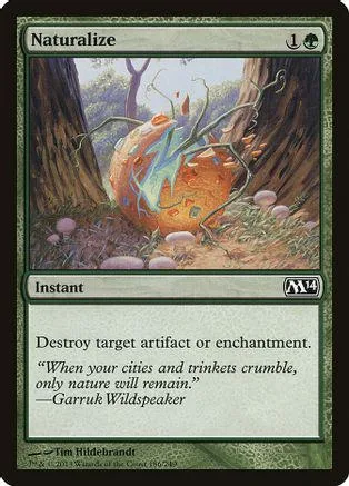 Orange, blue, and green creature on a card with forest background.