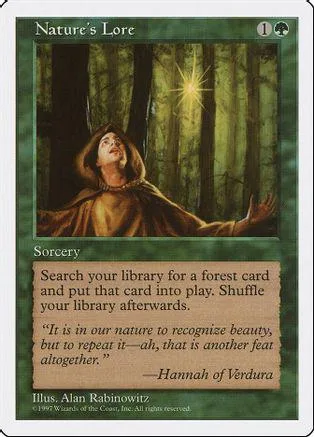 Woman in forest under glowing light, Nature's Lore Magic: The Gathering card.