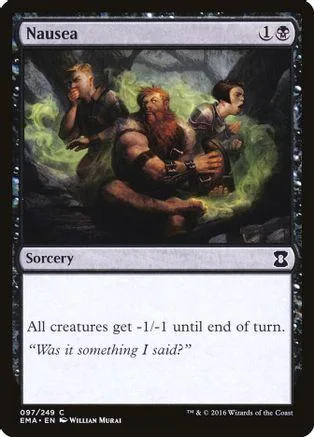 Magic: The Gathering card, "Nausea," featuring three figures in a dark, green scene.