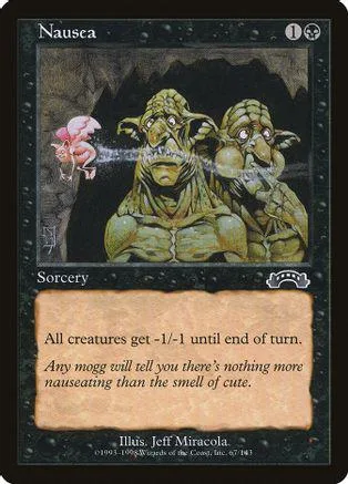 Green, monstrous creatures on a dark background, "Nausea" card.