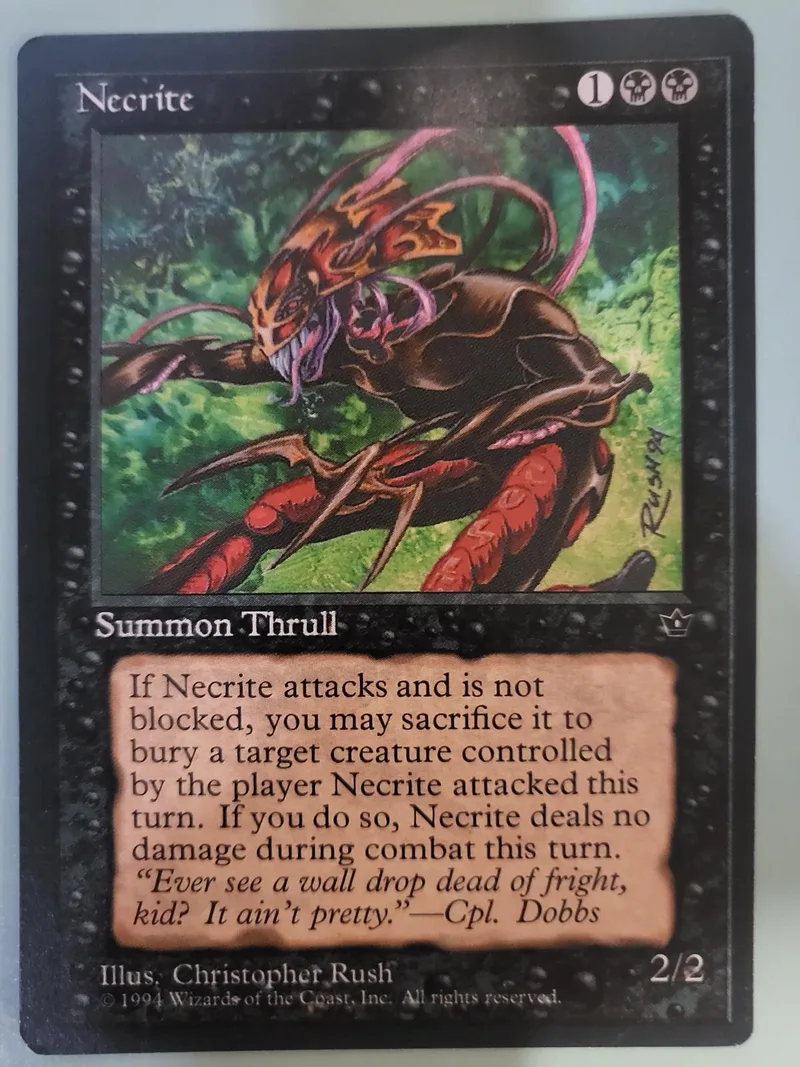 Dark creature on a green background, Necrite card with black and red tones.