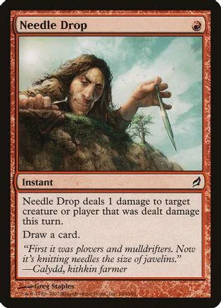 Card art: man with long hair on a grassy hill, holding a needle.
