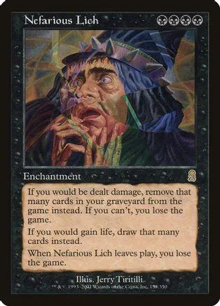 Wizard with blue hat, intense expression, on a dark, mystical card.