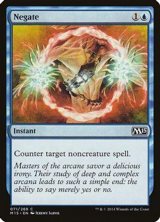 Blue and orange magic spell card, "Negate," with fiery circular artwork.