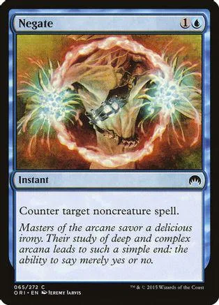 Blue and white Magic: The Gathering card, "Negate," showing a fiery, swirling energy effect.