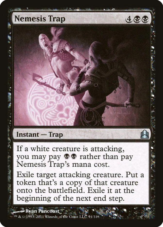 Magic: The Gathering card, Nemesis Trap, dark fantasy art, black and purple tones.