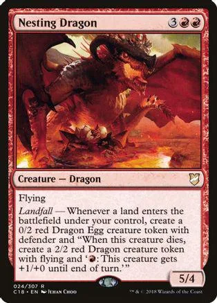 Red dragon creature card with fiery scene, showing stats 3/2.