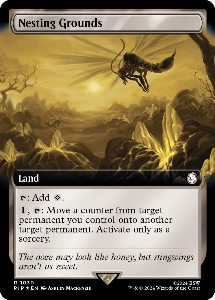 Magic: The Gathering "Nesting Grounds" land card art featuring a flying insect.