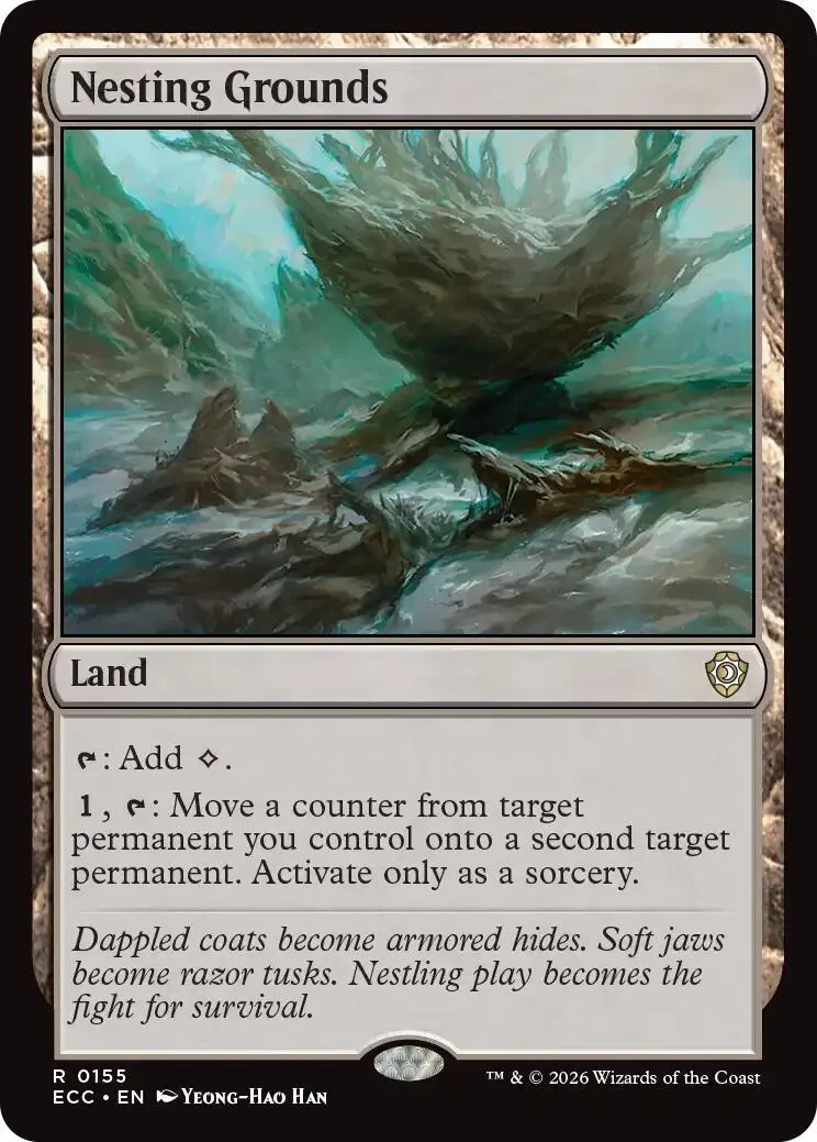 Magic: The Gathering land card, Nesting Grounds, green landscape art.