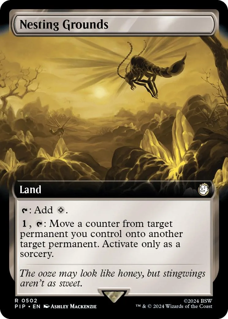 Magic: The Gathering card, Nesting Grounds, depicting a creature in a sunlit landscape.