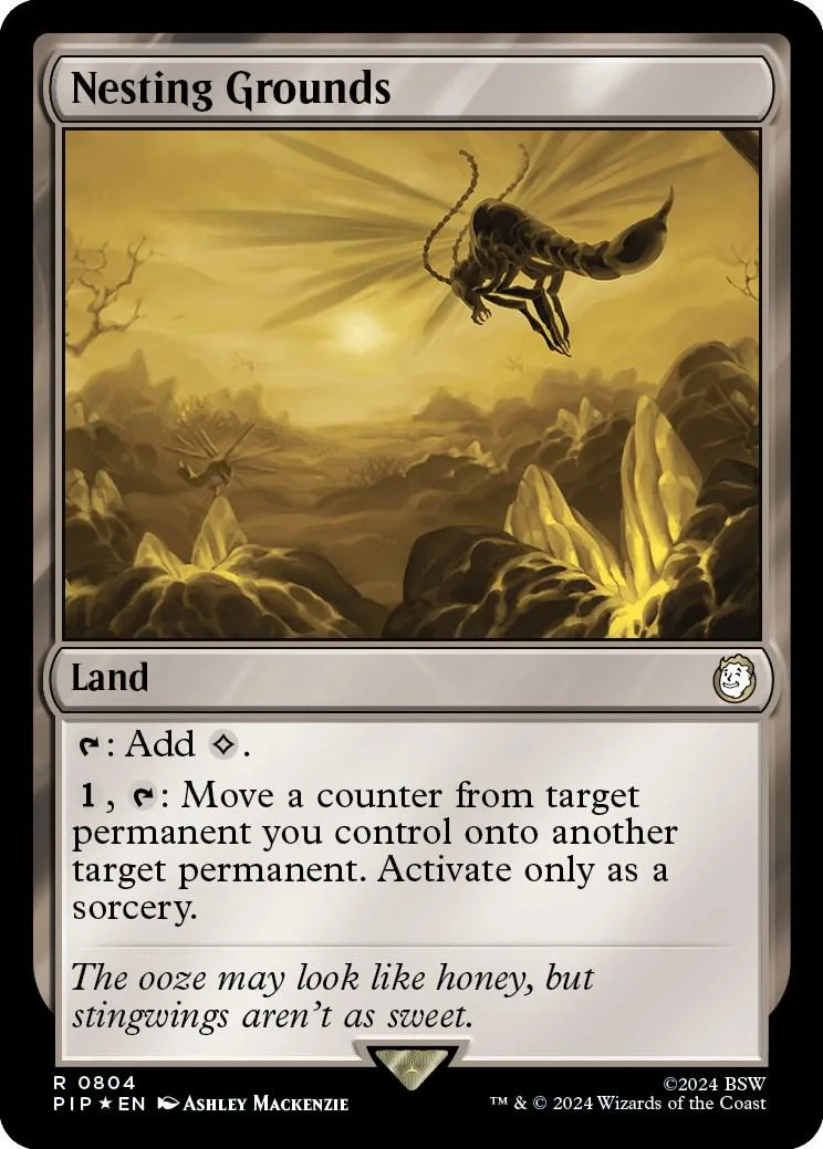 Magic: The Gathering card, Nesting Grounds, featuring a flying insect over a golden landscape.