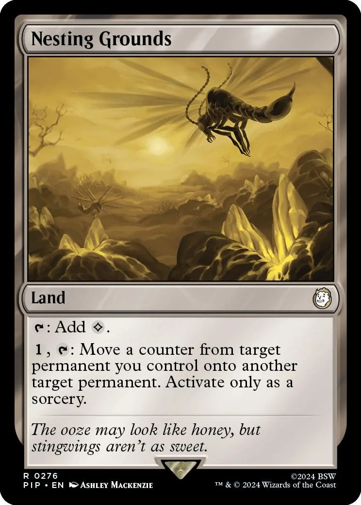 Magic: The Gathering card, Nesting Grounds, depicts a creature in a golden landscape.