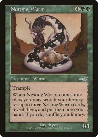 Black and white card art of a coiled serpent creature. Creature card with text.