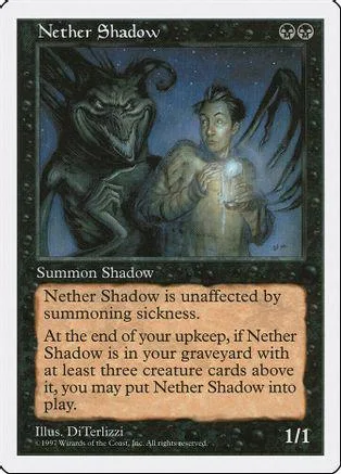 Dark creature and person on a blue card with black and white artwork.