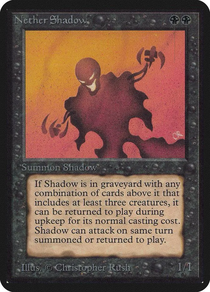 Dark shadowy creature on orange and red background, Magic: The Gathering card.